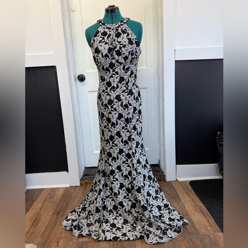 R&M Richard’s, Elegant Black and Silver Lace Evening Gown (size 12)